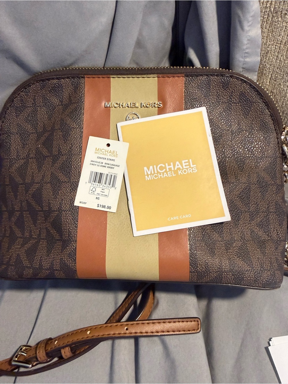 Michael Kors Brown Signature Dome Crossbody with Tan and Rust Stripes